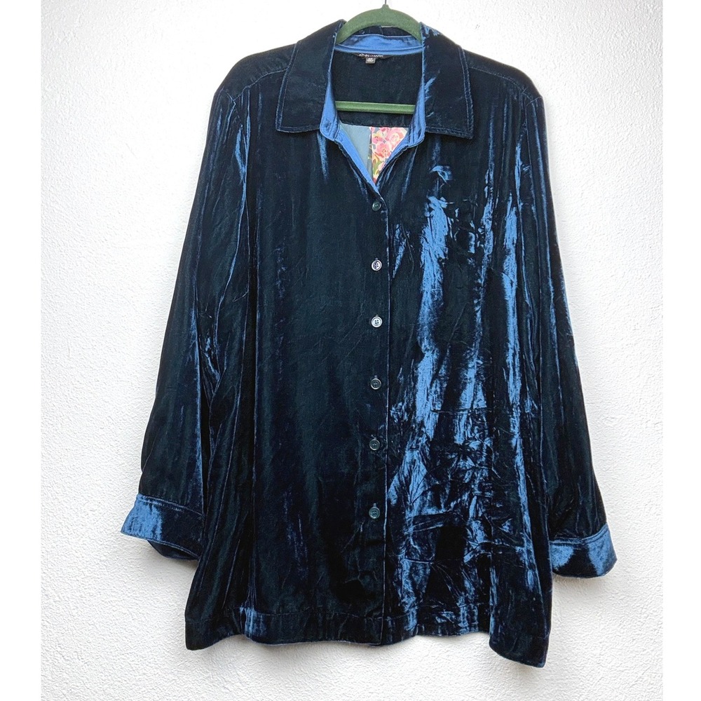 John Mark Navy Blue Velvet Button Down - 2X - Floral Burnout Whimsigoth Boho Art